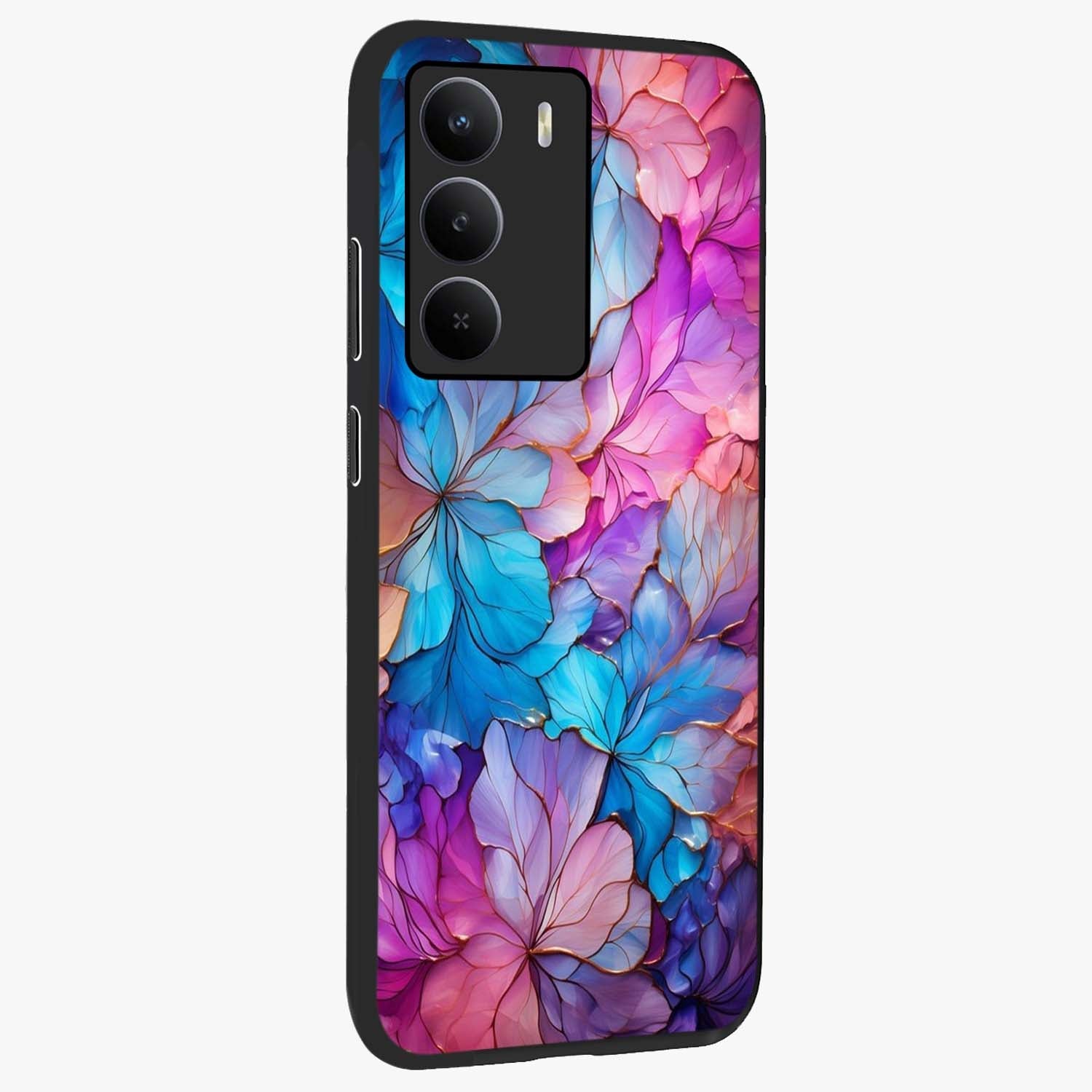 Radiant Floral Whirl Glass Case upright view showcasing lively floral artwork with decorative swirl theme.