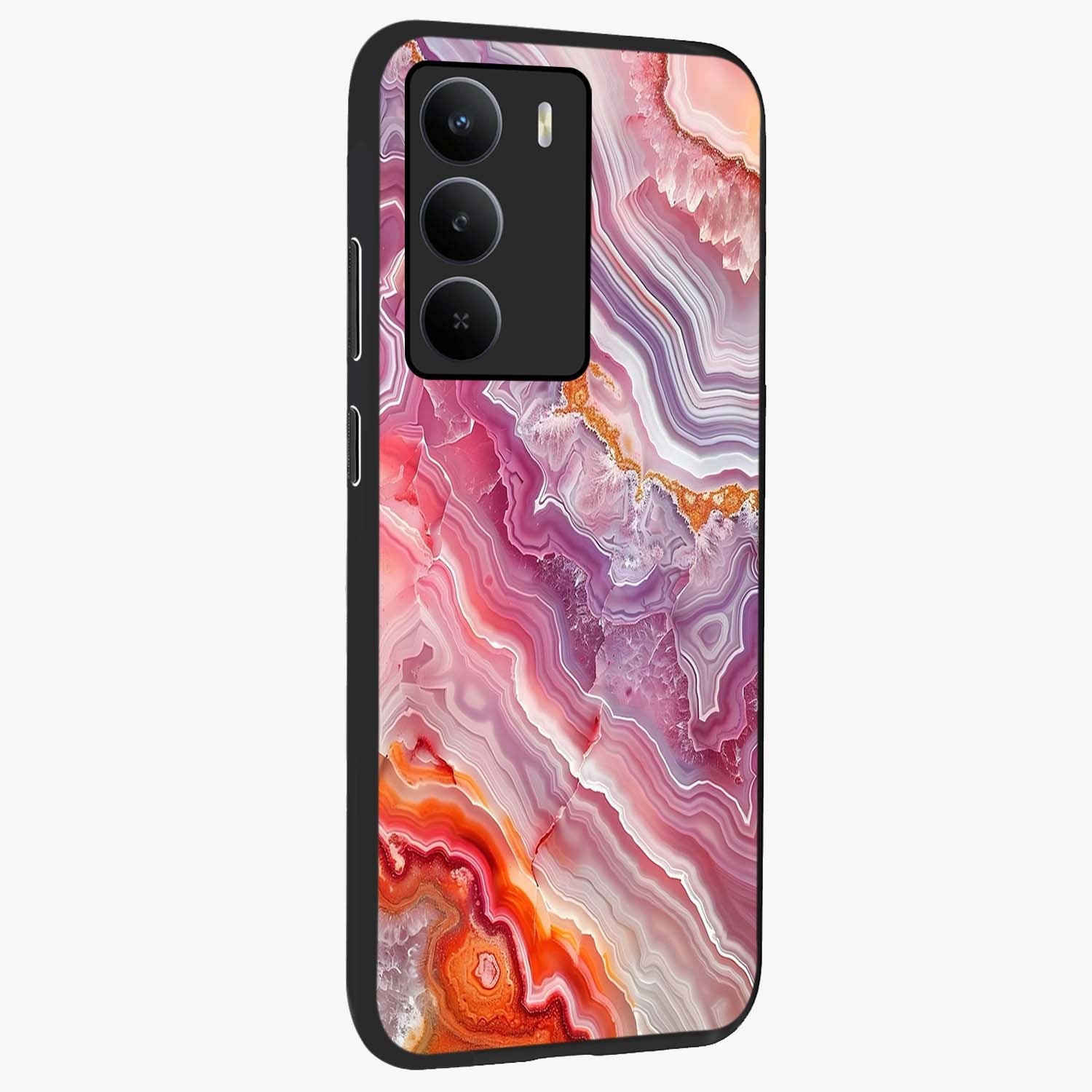 Rose Quartz Marble Glass Case upright view showcasing decorative marble artwork with luxurious pastel theme.