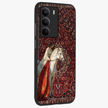 Royal Rider Tapestry Glass Case upright view showcasing detailed rider artwork with classic tapestry theme.