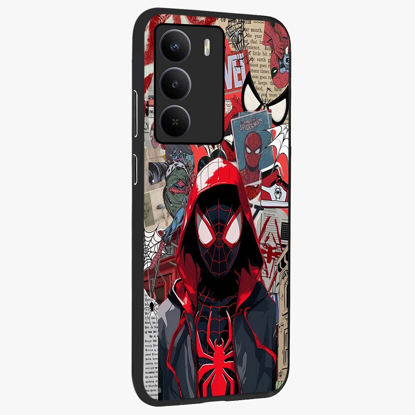 Spider Collage Street Glass Case upright view showcasing bold superhero artwork with urban street theme.