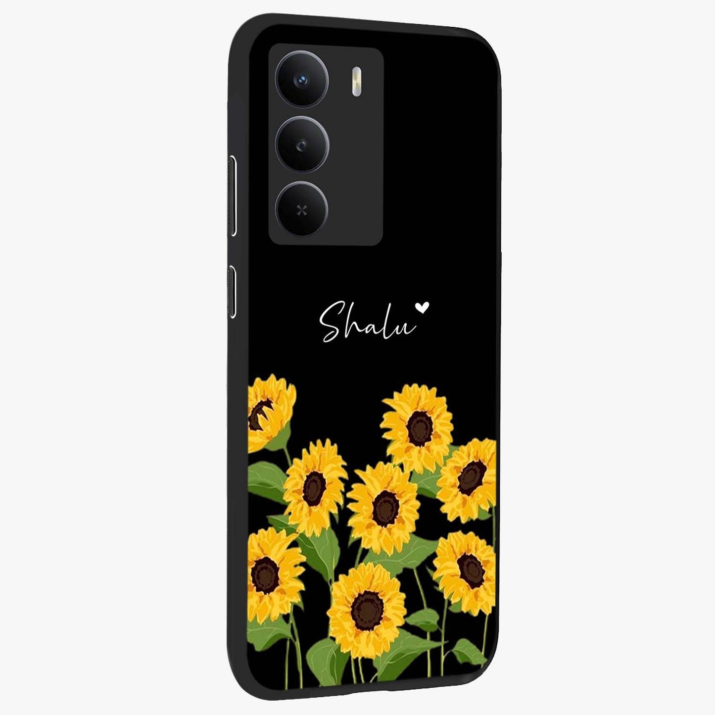 Sunflower Chic Mood Custom Name Glass Case upright view showcasing cheerful sunflower artwork with trendy floral theme.
