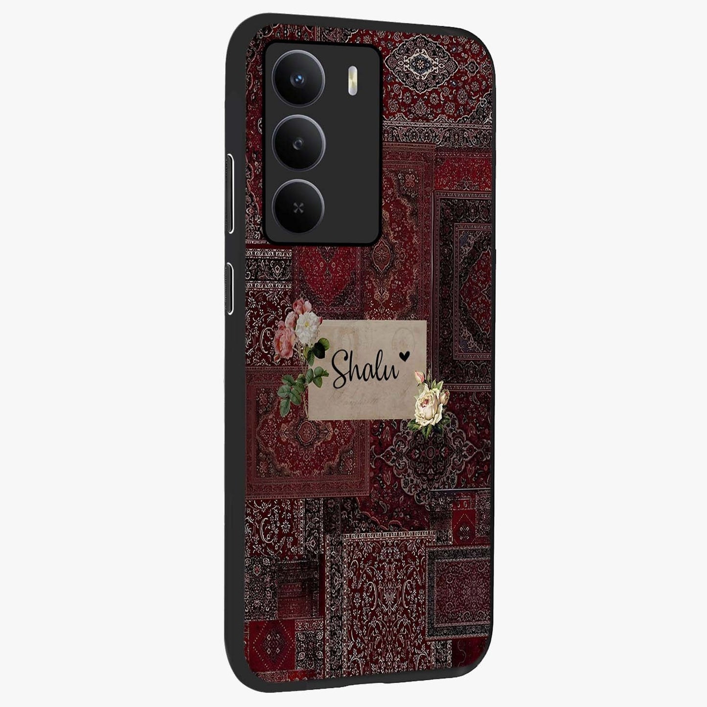 Velvet Wine Pattern Custom Name Glass Case upright view showcasing luxurious wine toned artwork with personalized aesthetic.