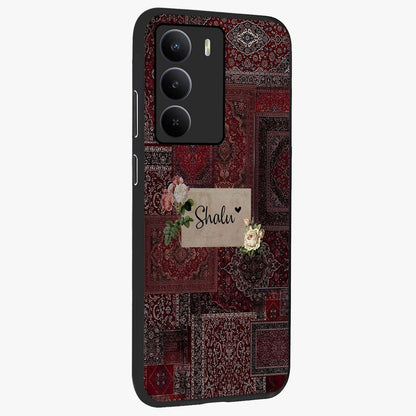 Velvet Wine Pattern Custom Name Glass Case upright view showcasing luxurious wine toned artwork with personalized aesthetic.