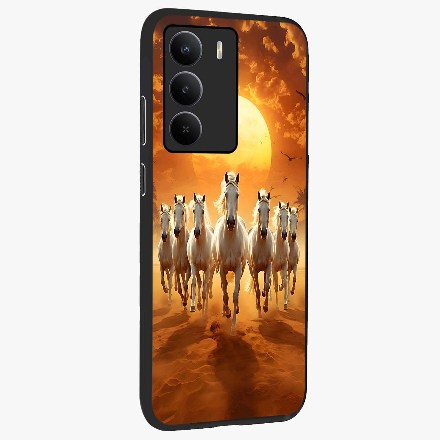 Wild Sunset Majesty Glass Case upright view showcasing dramatic sunset artwork with bold nature theme.