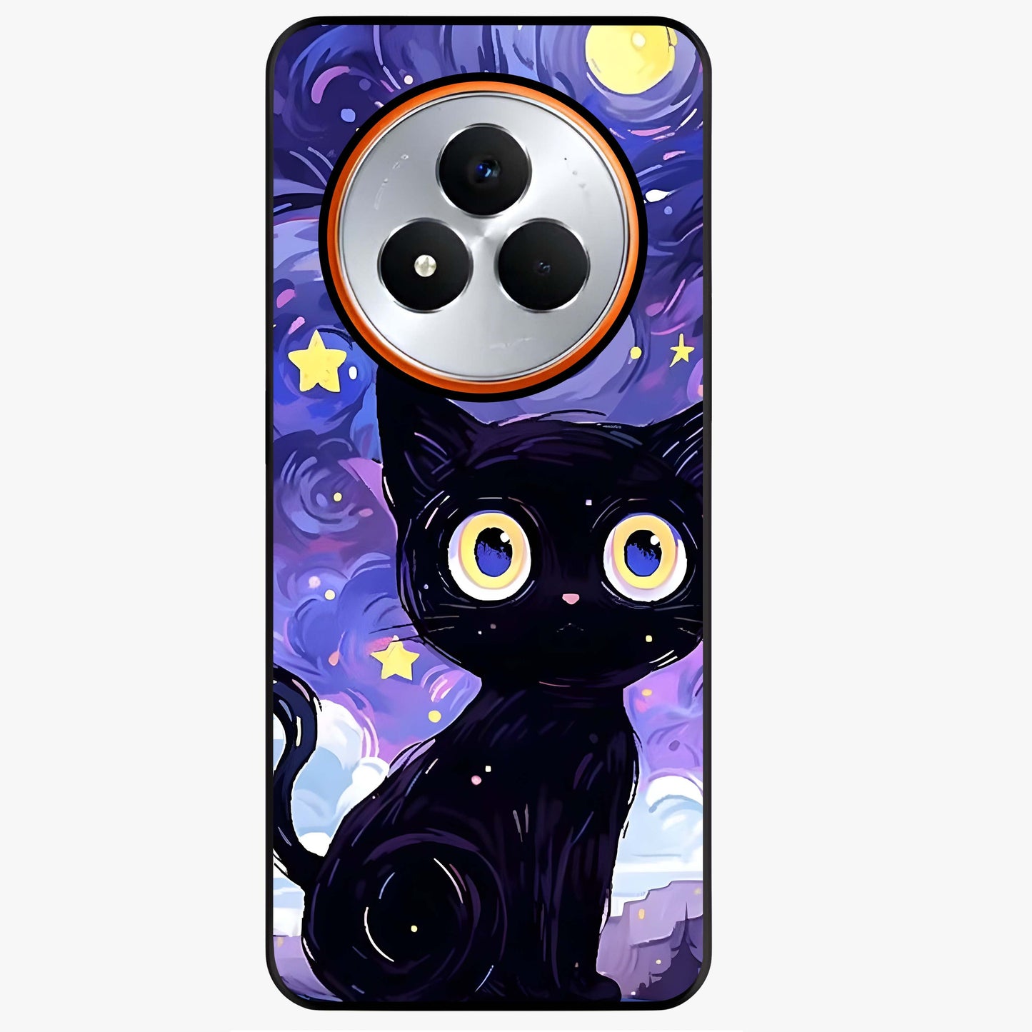 Abstract Cat Art Glass Case showing flat back view with artistic cat illustration and glossy glass finish.