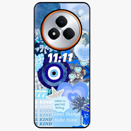 Aesthetic Be Kind Eye Glass Case showing flat back view with motivational eye artwork and glossy glass finish.