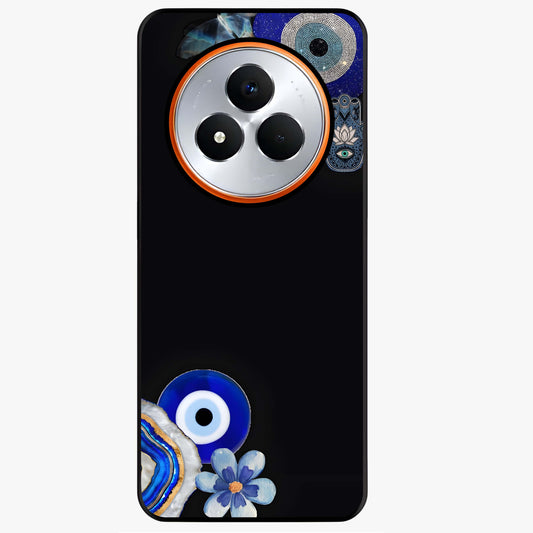 Aesthetic Blue Evil Eye Glass Case showing flat back view with protective evil eye artwork and glossy glass finish.