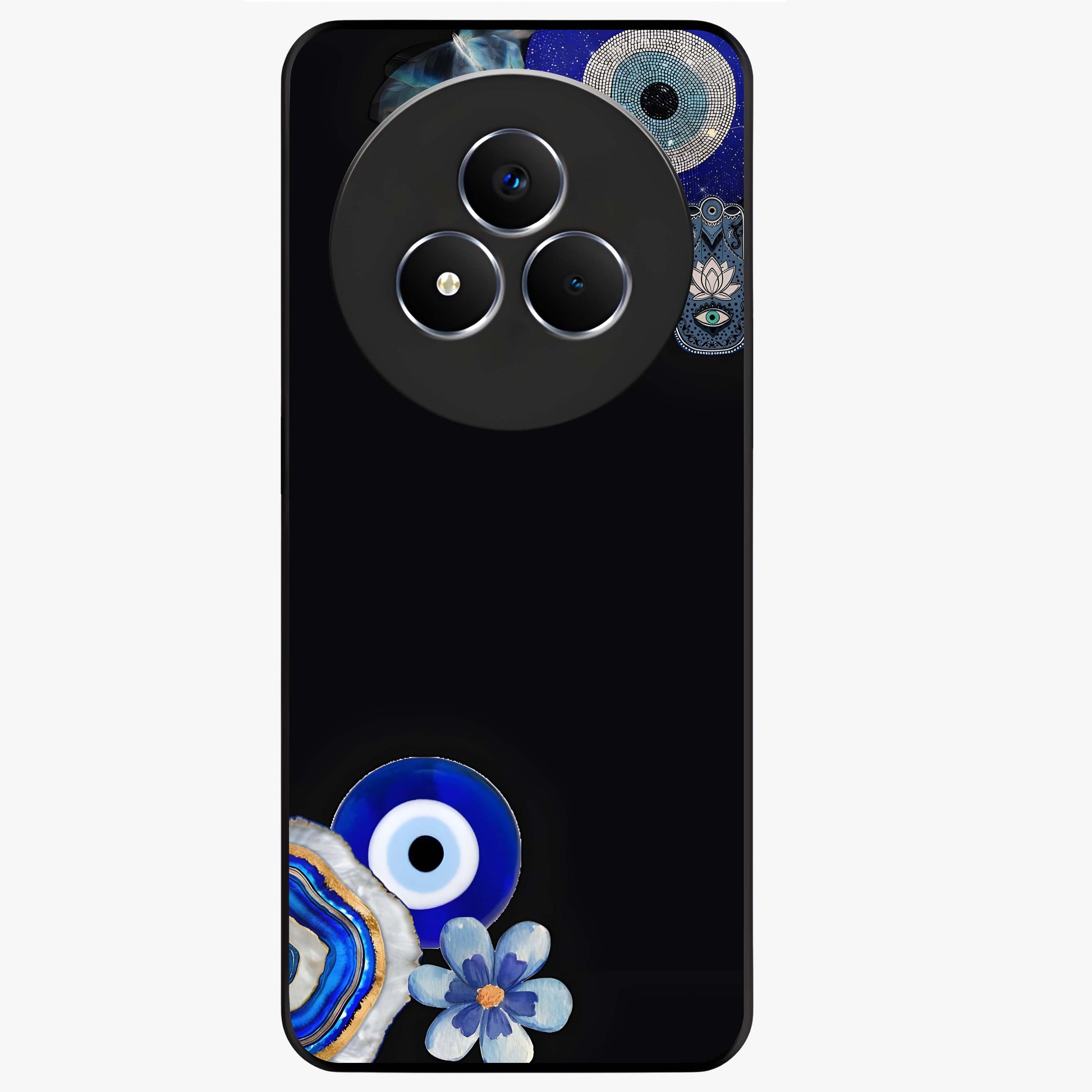 Aesthetic Blue Evil Eye Glass Case showing flat back view with protective evil eye artwork and glossy glass finish.