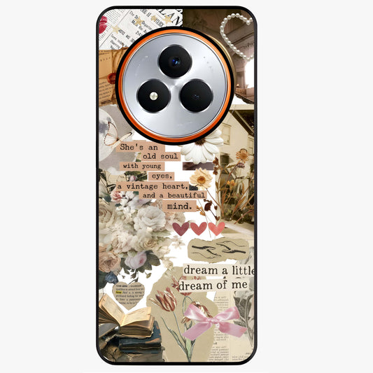 Aesthetic Brown Vintage Collage Glass Case showing flat back view with retro collage artwork and glossy glass finish.