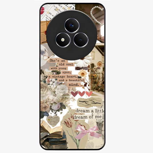 Aesthetic Brown Vintage Collage Glass Case showing flat back view with retro collage artwork and glossy glass finish.