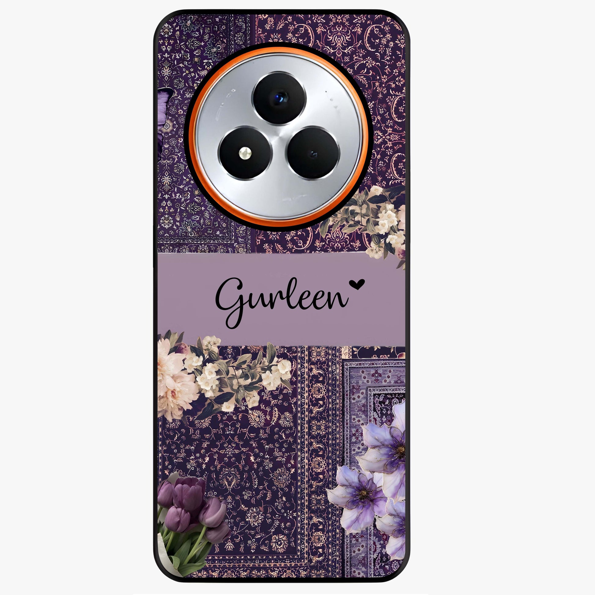 Antique Floral Whisper Custom Name Glass Case showing flat back view with vintage floral artwork and personalized name design.