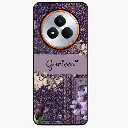 Antique Floral Whisper Custom Name Glass Case showing flat back view with vintage floral artwork and personalized name design.