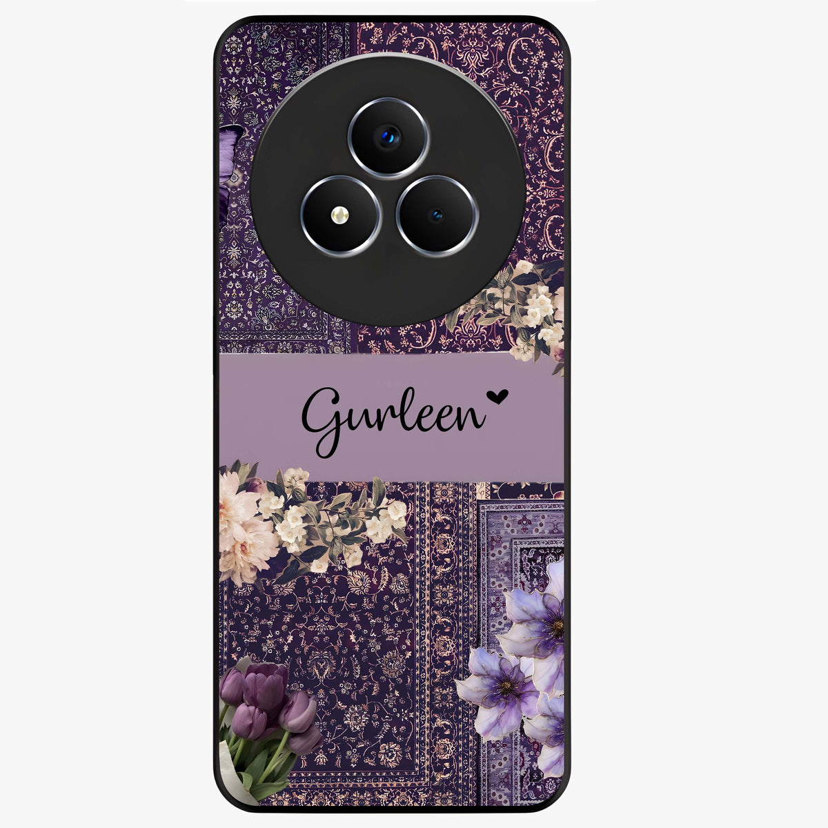 Antique Floral Whisper Custom Name Glass Case showing flat back view with vintage floral artwork and personalized name design.
