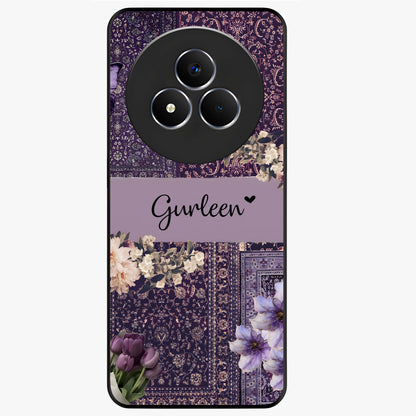 Antique Floral Whisper Custom Name Glass Case showing flat back view with vintage floral artwork and personalized name design.
