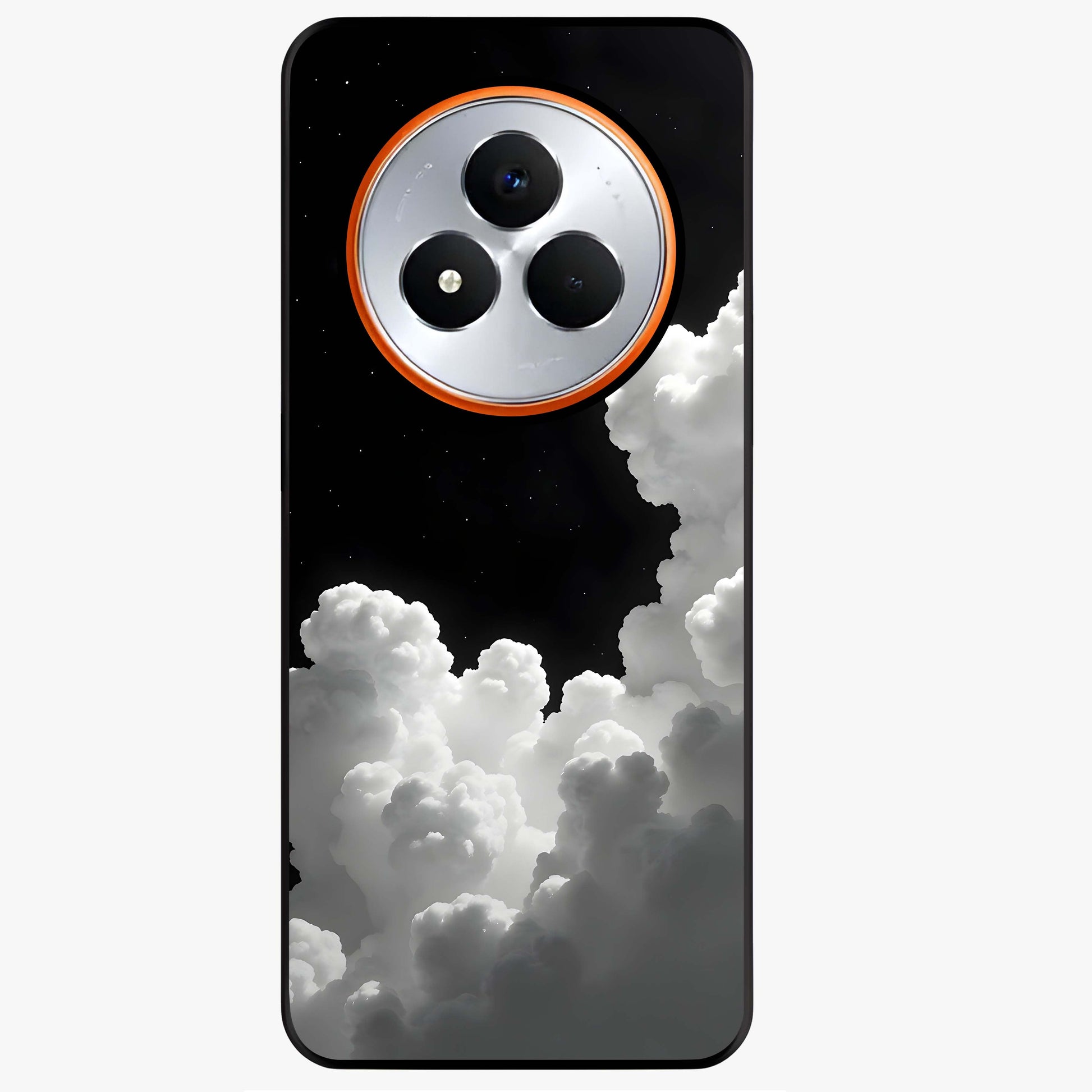 Black Background With White Cloud Glass Case showing flat back view with minimal cloud artwork on dark background and glossy glass finish.