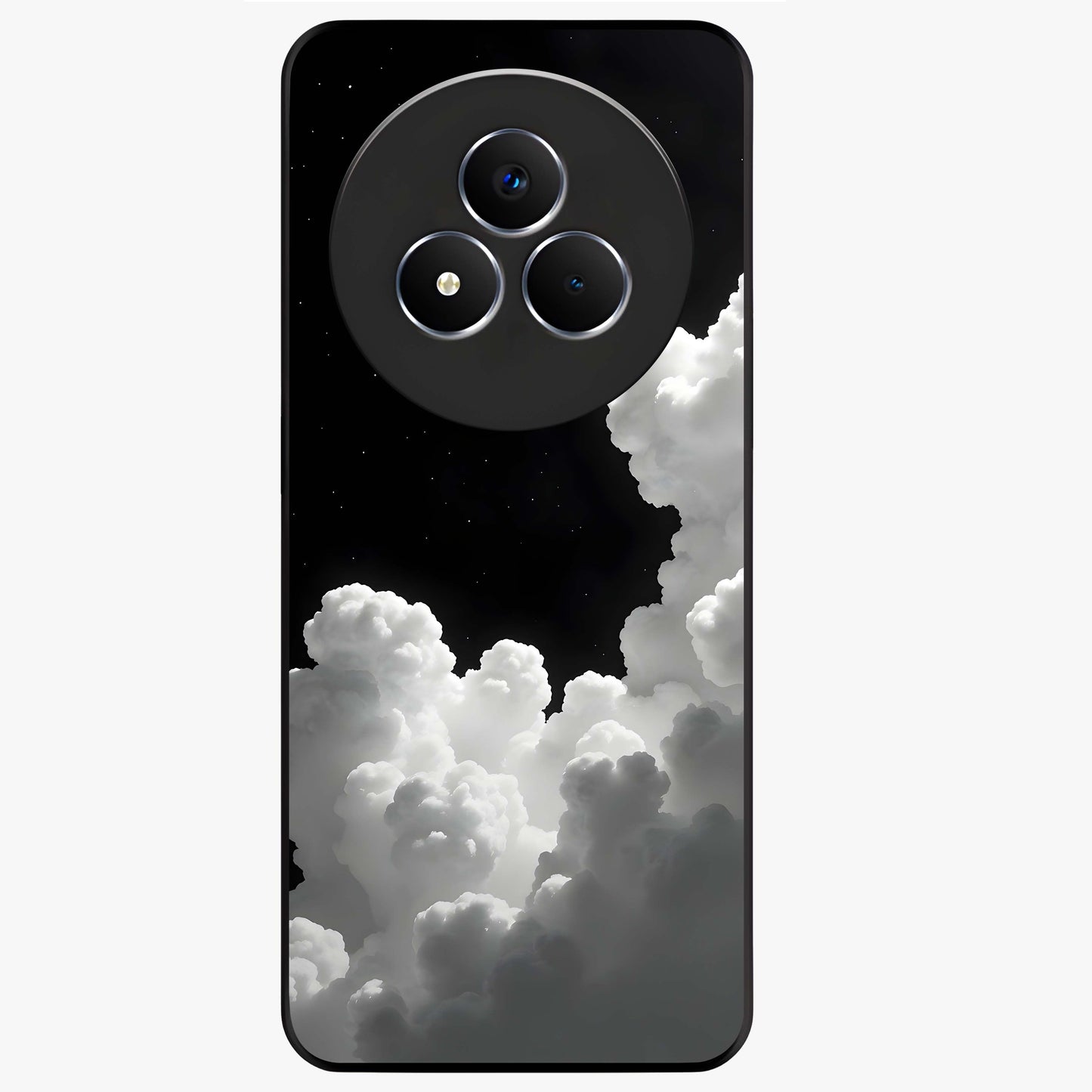 Black Background With White Cloud Glass Case showing flat back view with minimal cloud artwork on dark background and glossy glass finish.