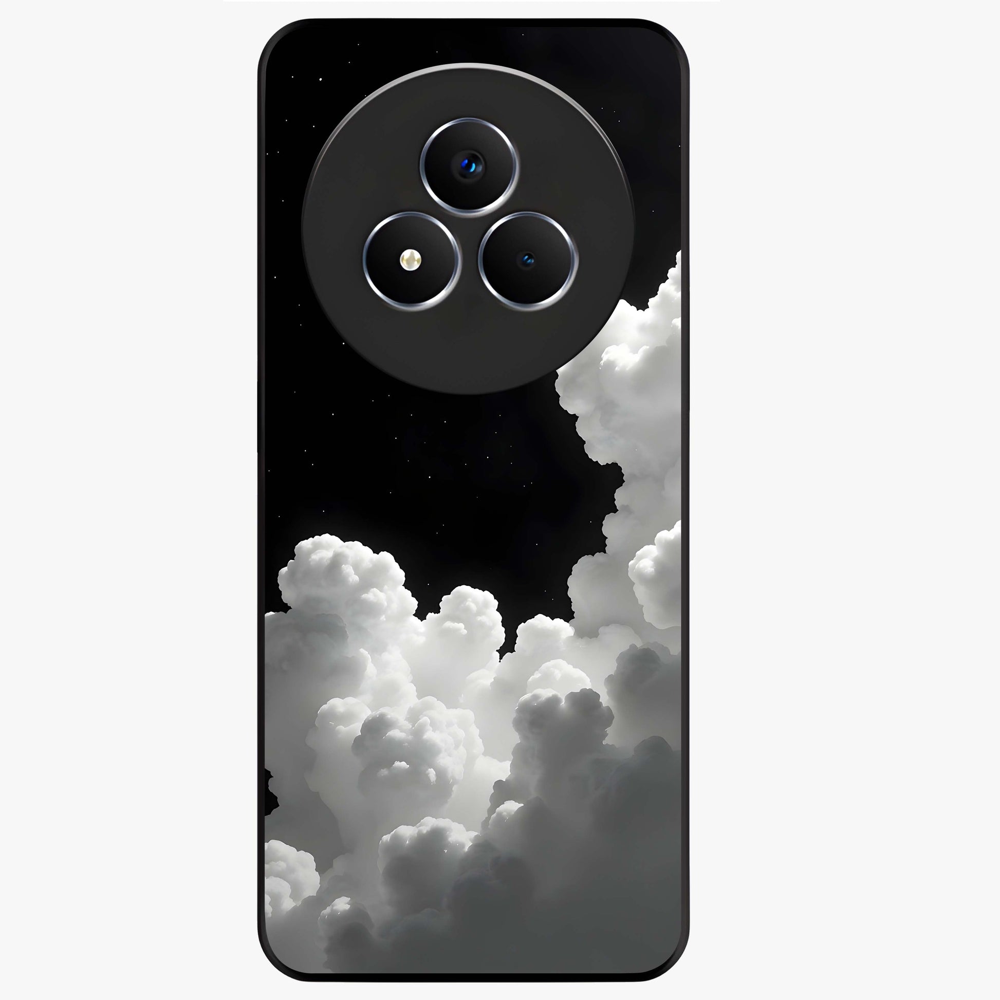 Black Background With White Cloud Glass Case showing flat back view with minimal cloud artwork on dark background and glossy glass finish.