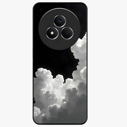 Black Background With White Cloud Glass Case showing flat back view with minimal cloud artwork on dark background and glossy glass finish.