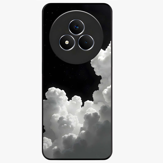 Black Background With White Cloud Glass Case showing flat back view with minimal cloud artwork on dark background and glossy glass finish.