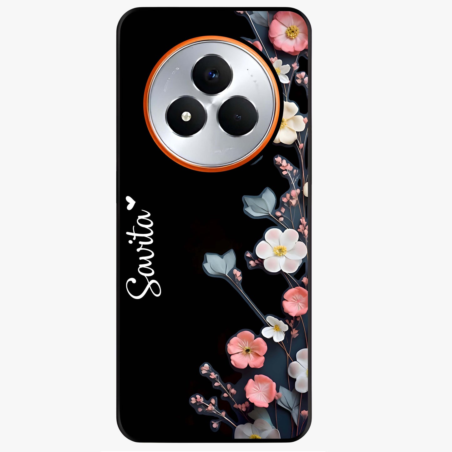 Black Elegance Floral Custom Name Glass Case showing flat back view with elegant floral artwork and personalized name design.