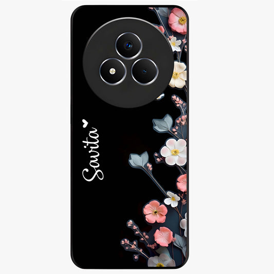 Black Elegance Floral Custom Name Glass Case showing flat back view with elegant floral artwork and personalized name design.