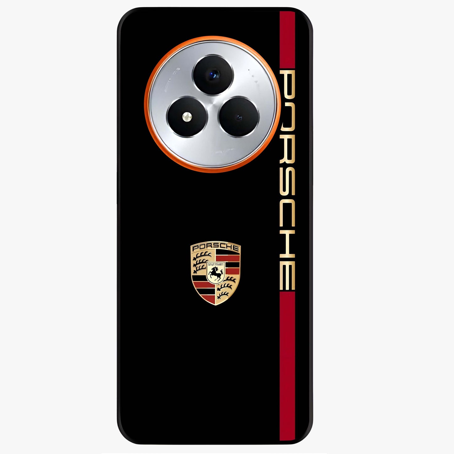 Black Minimal Porsche Glass Case showing flat back view with sleek minimal sports car artwork and glossy glass finish.