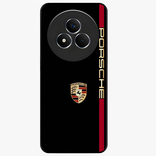 Black Minimal Porsche Glass Case showing flat back view with sleek minimal sports car artwork and glossy glass finish.