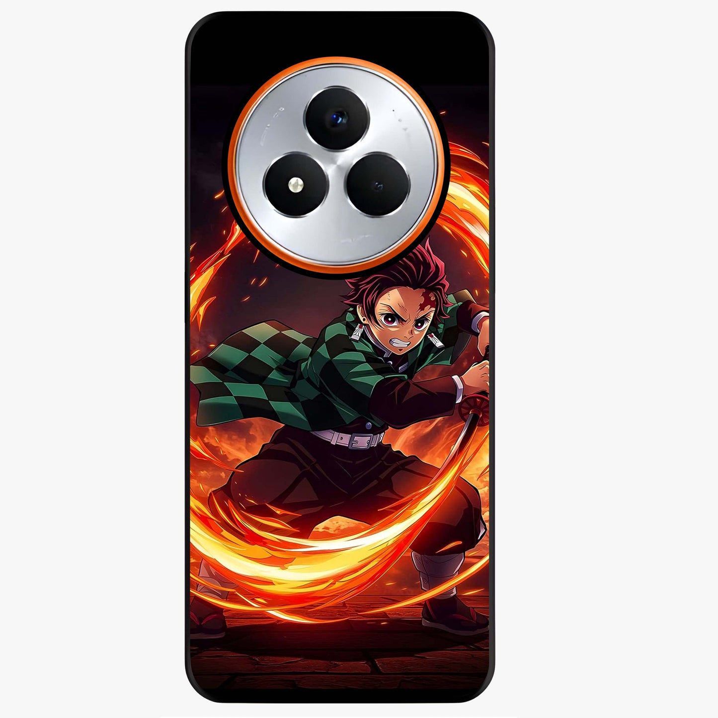 Blazing Sword Resolve Glass Case showing flat back view with fiery sword artwork and glossy glass finish.