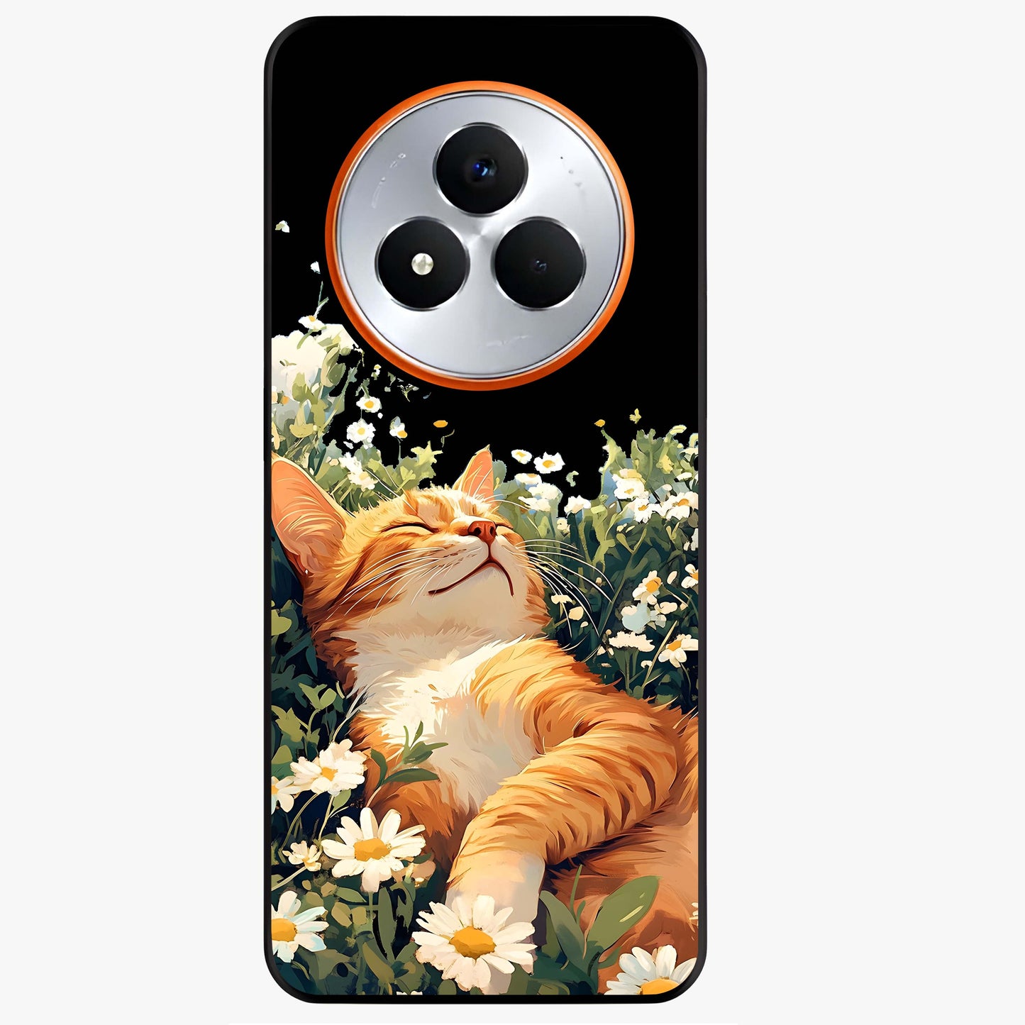 Blissful Bloom Cat Glass Case showing flat back view with cute cat and floral bloom artwork and glossy glass finish.