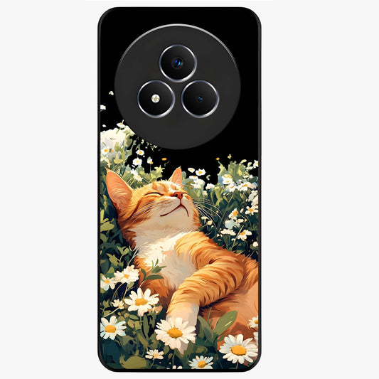 Blissful Bloom Cat Glass Case showing flat back view with cute cat and floral bloom artwork and glossy glass finish.