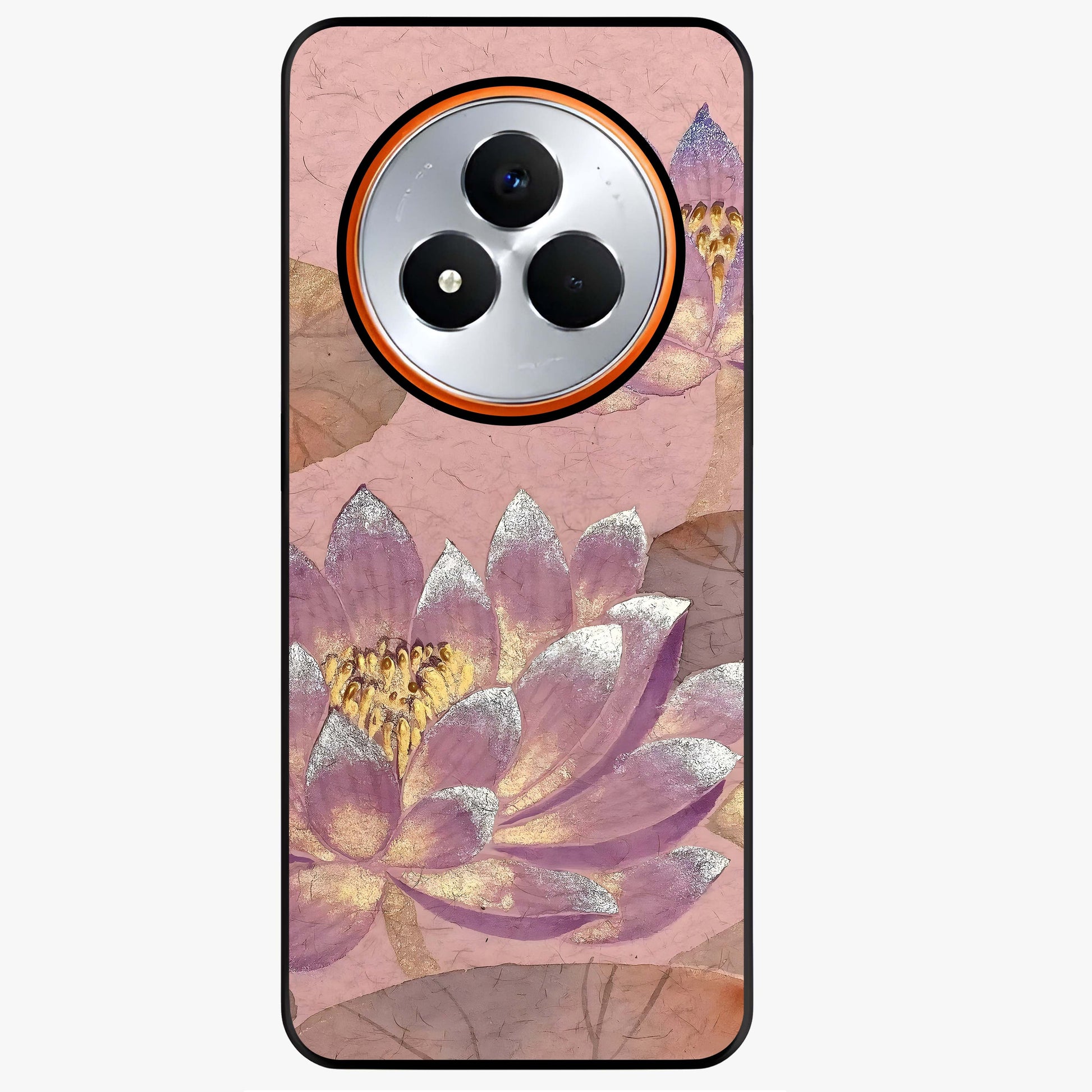 Blossom Mist Lotus Glass Case showing flat back view with serene lotus blossom artwork and glossy glass finish.