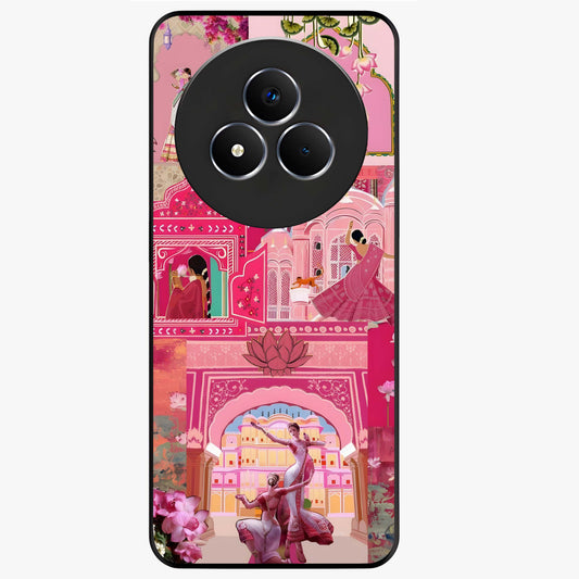 Blossoms of Rajasthan Glass Case showing flat back view with traditional floral artwork inspired by Rajasthan and glossy glass finish.
