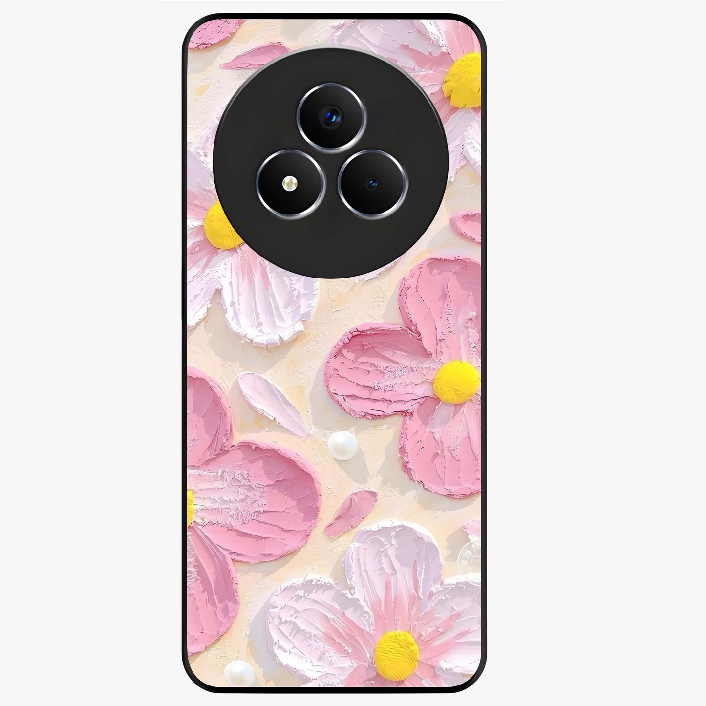 Blush Bloom Texture Glass Case showing flat back view with soft blush floral texture artwork and glossy glass finish.