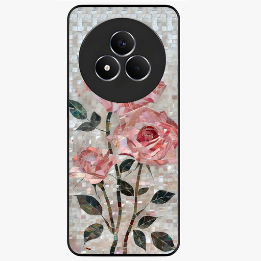 Blush Mosaic Bloom Glass Case showing flat back view with mosaic floral bloom artwork and glossy glass finish.