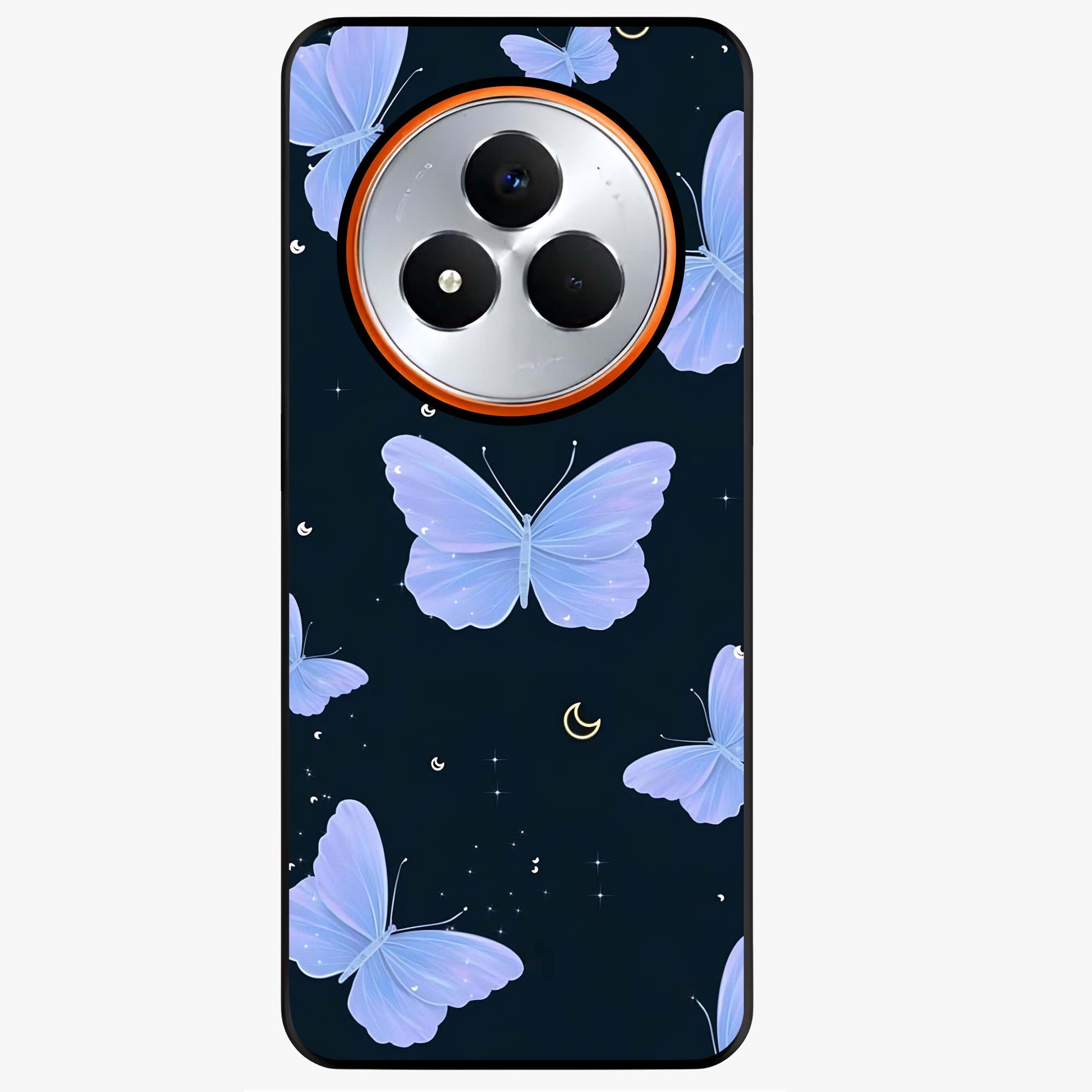 Butterfly With Stars Pattern Glass Case showing flat back view with butterfly and star pattern artwork and glossy glass finish.