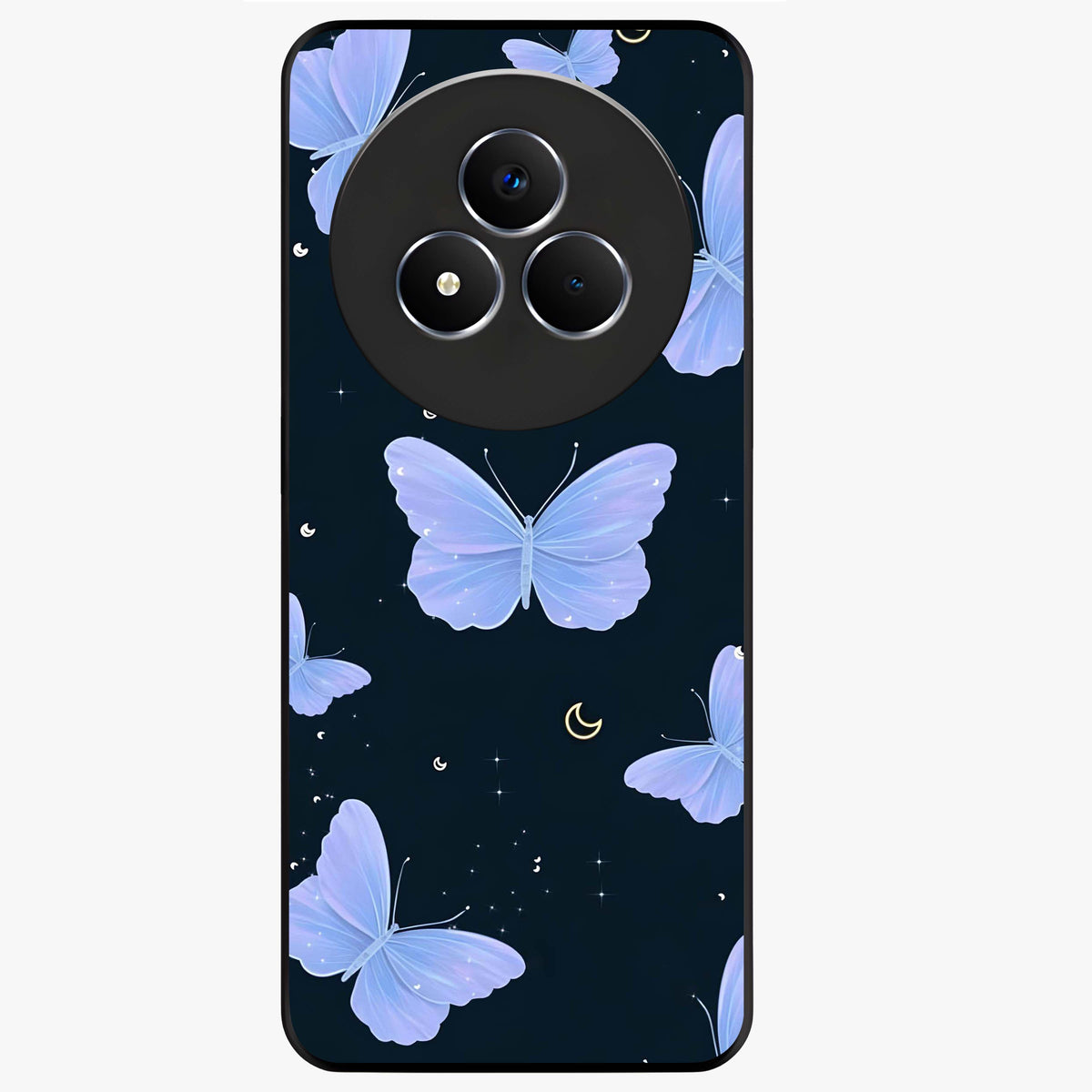 Butterfly With Stars Pattern Glass Case showing flat back view with butterfly and star pattern artwork and glossy glass finish.