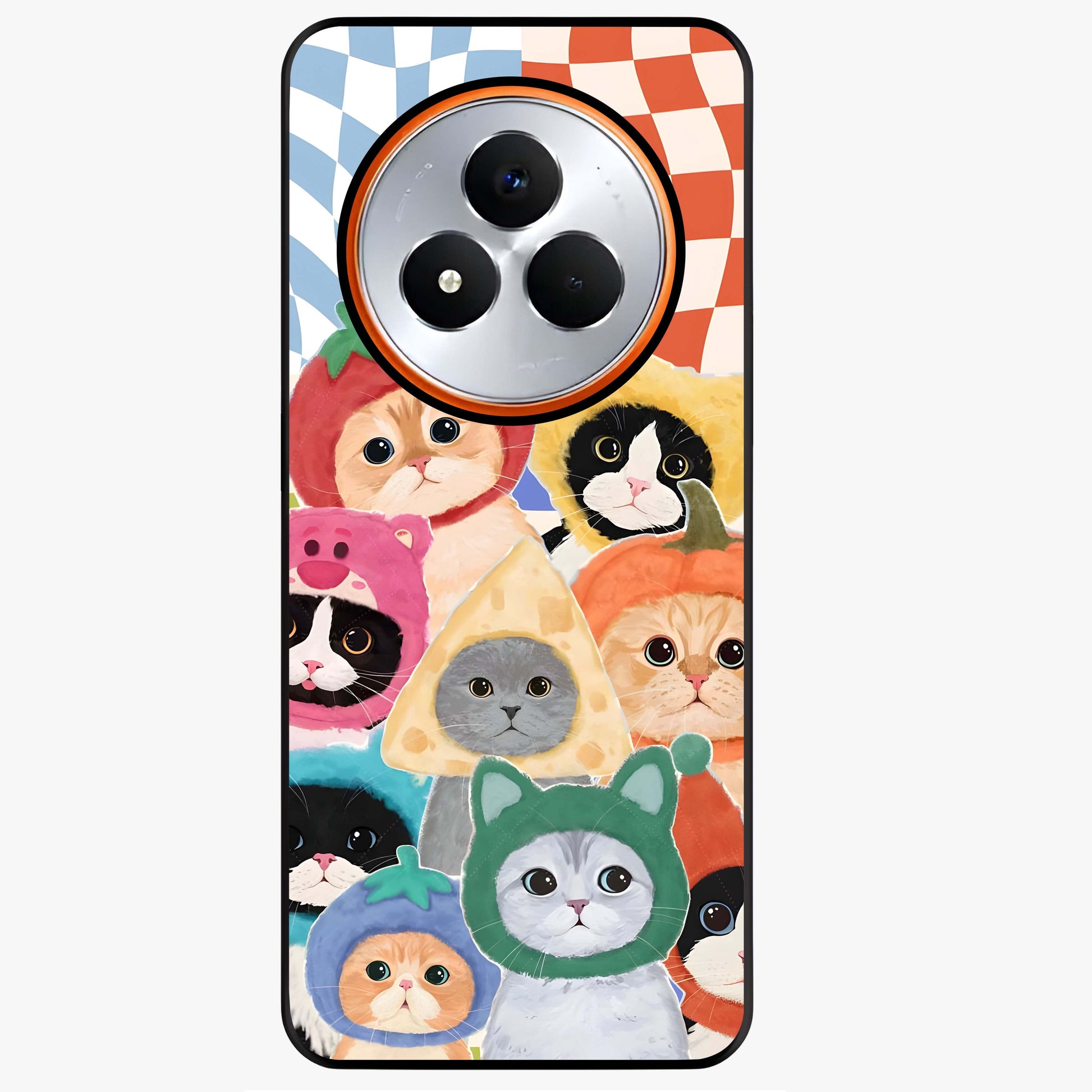 Cats in Fruits Glass Case showing flat back view with playful cat illustrations inside fruit artwork and glossy glass finish.