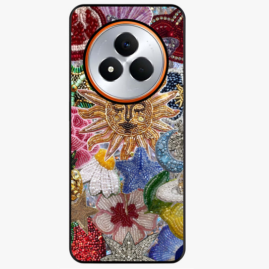 Celestial Floral and Playful Glass Case showing flat back view with floral and celestial themed artwork and glossy glass finish.