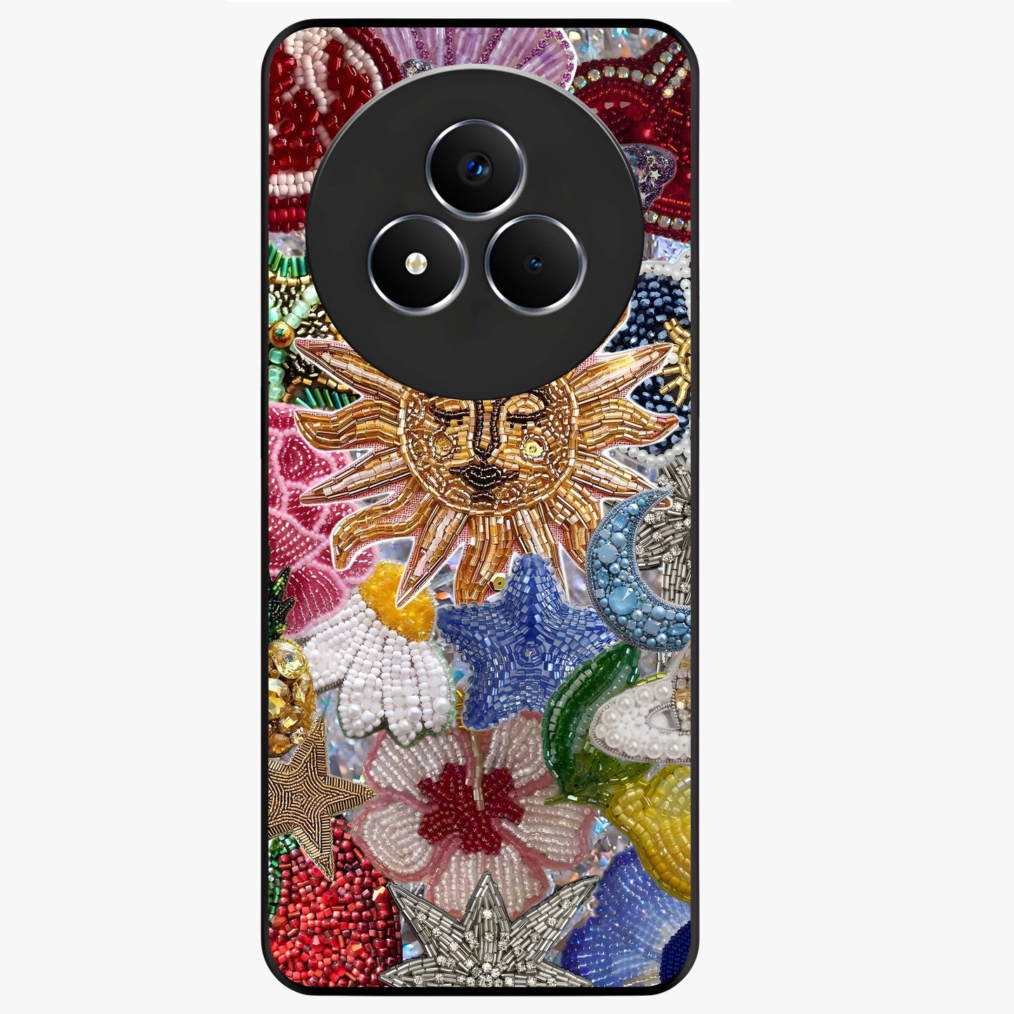 Celestial Floral and Playful Glass Case showing flat back view with floral and celestial themed artwork and glossy glass finish.