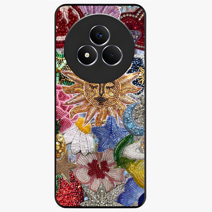 Celestial Floral and Playful Glass Case showing flat back view with floral and celestial themed artwork and glossy glass finish.