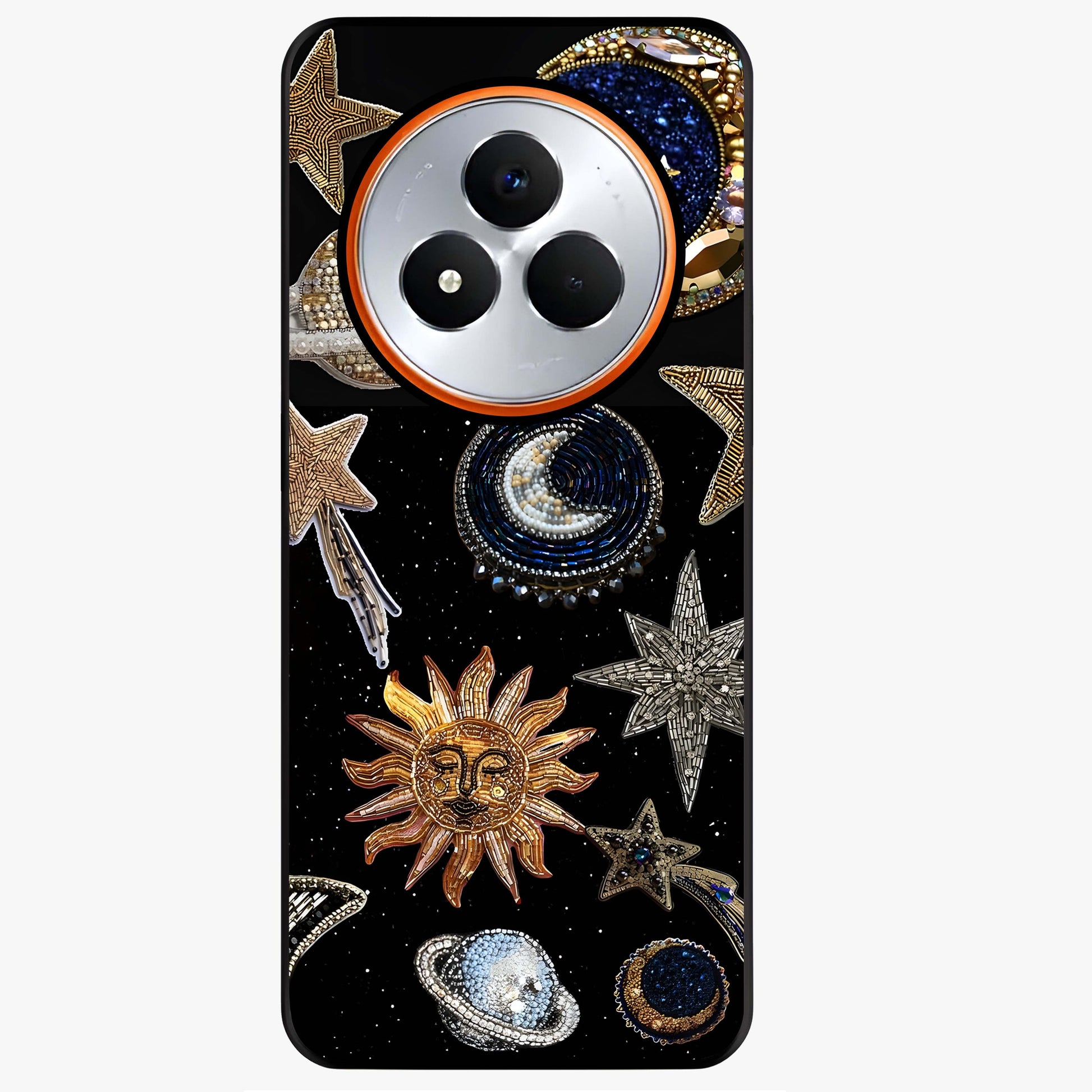 Celestial Gem Constellations Glass Case showing flat back view with sparkling constellation artwork and glossy glass finish.