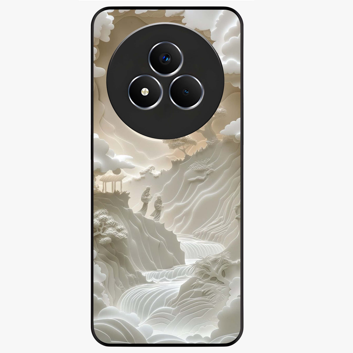 Celestial Origami Glass Case showing flat back view with artistic origami inspired celestial artwork and glossy glass finish.