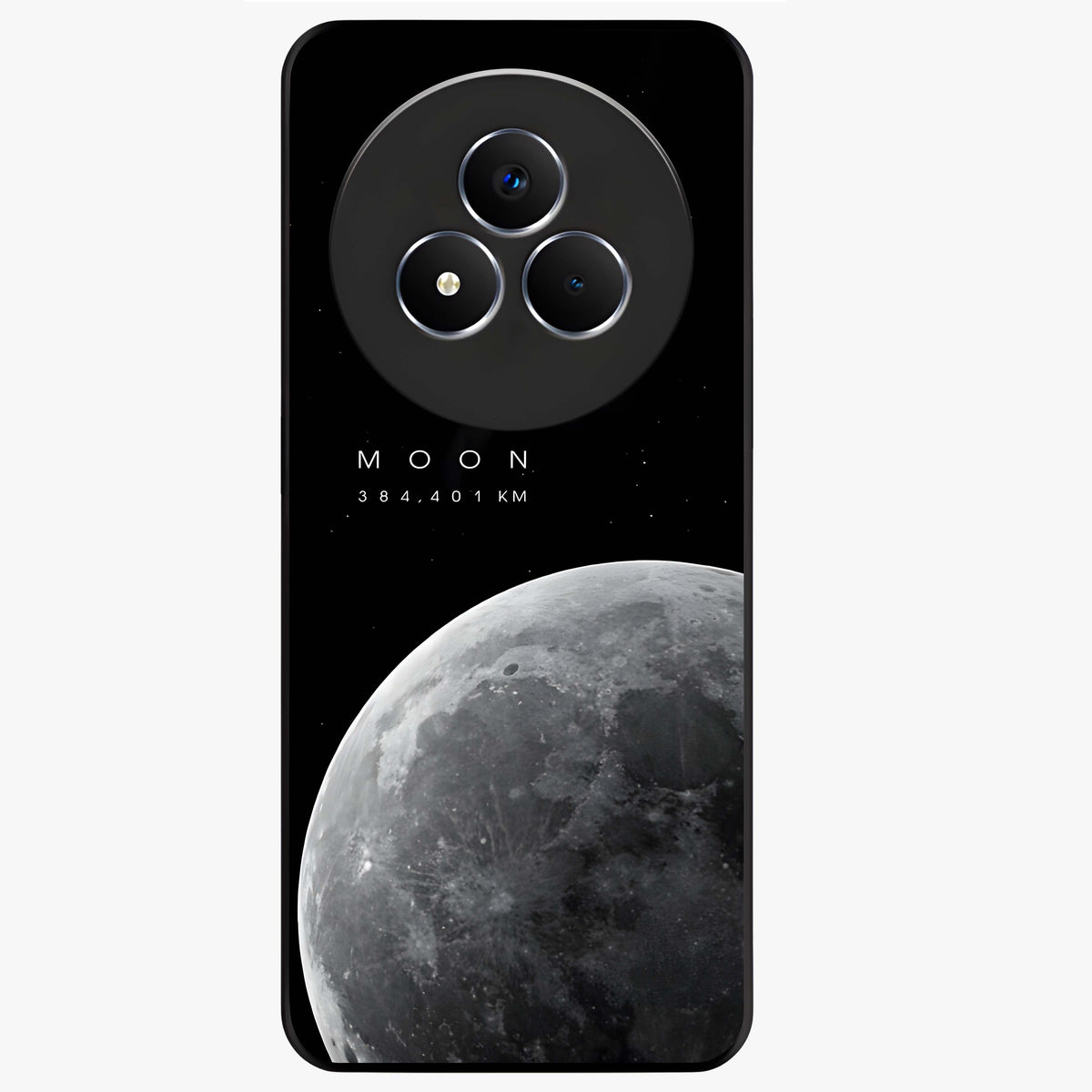 Cosmic Moon Glow Glass Case showing flat back view with glowing moon artwork and glossy glass finish.
