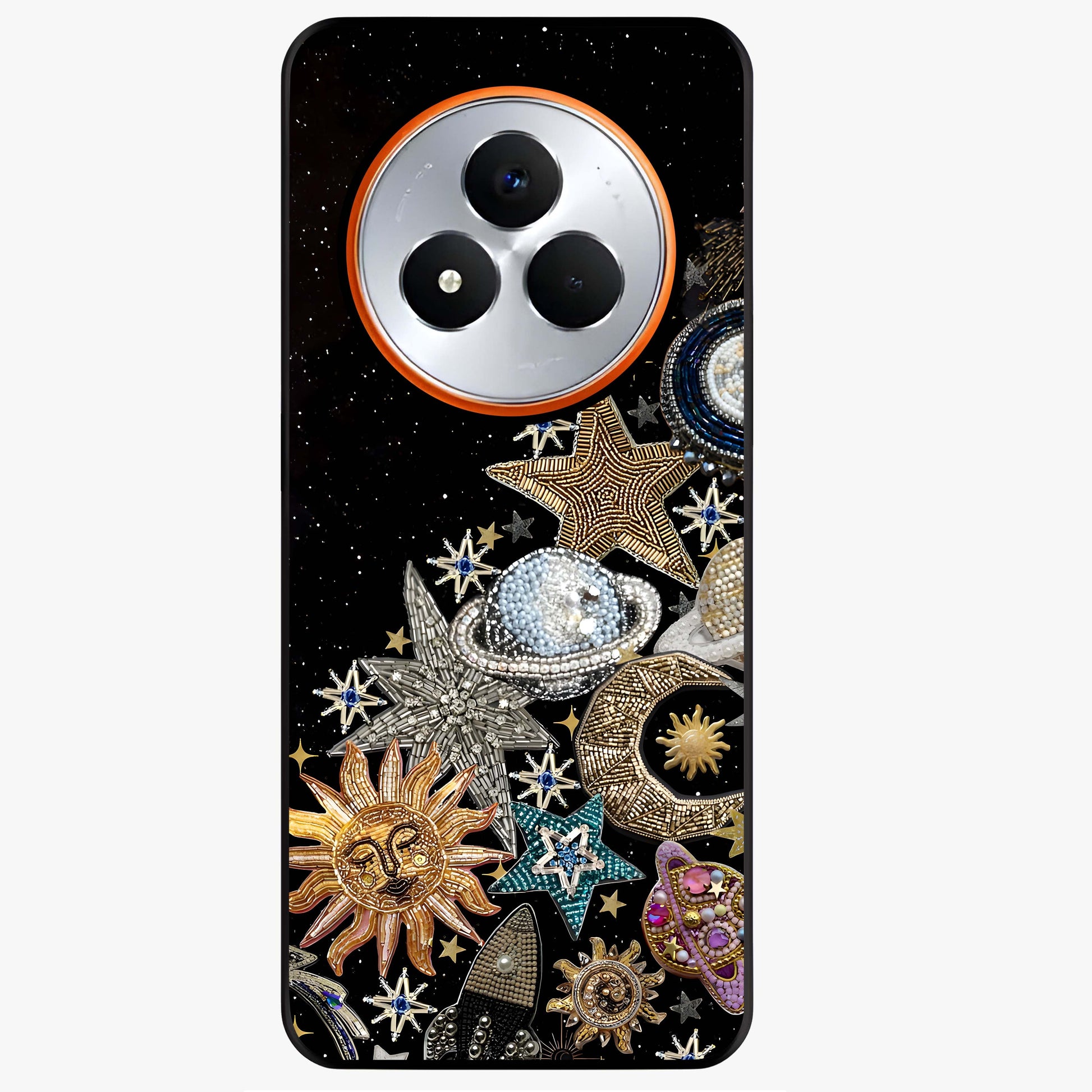 Cosmic Sparkle Dreams Glass Case showing flat back view with sparkling cosmic artwork and glossy glass finish.