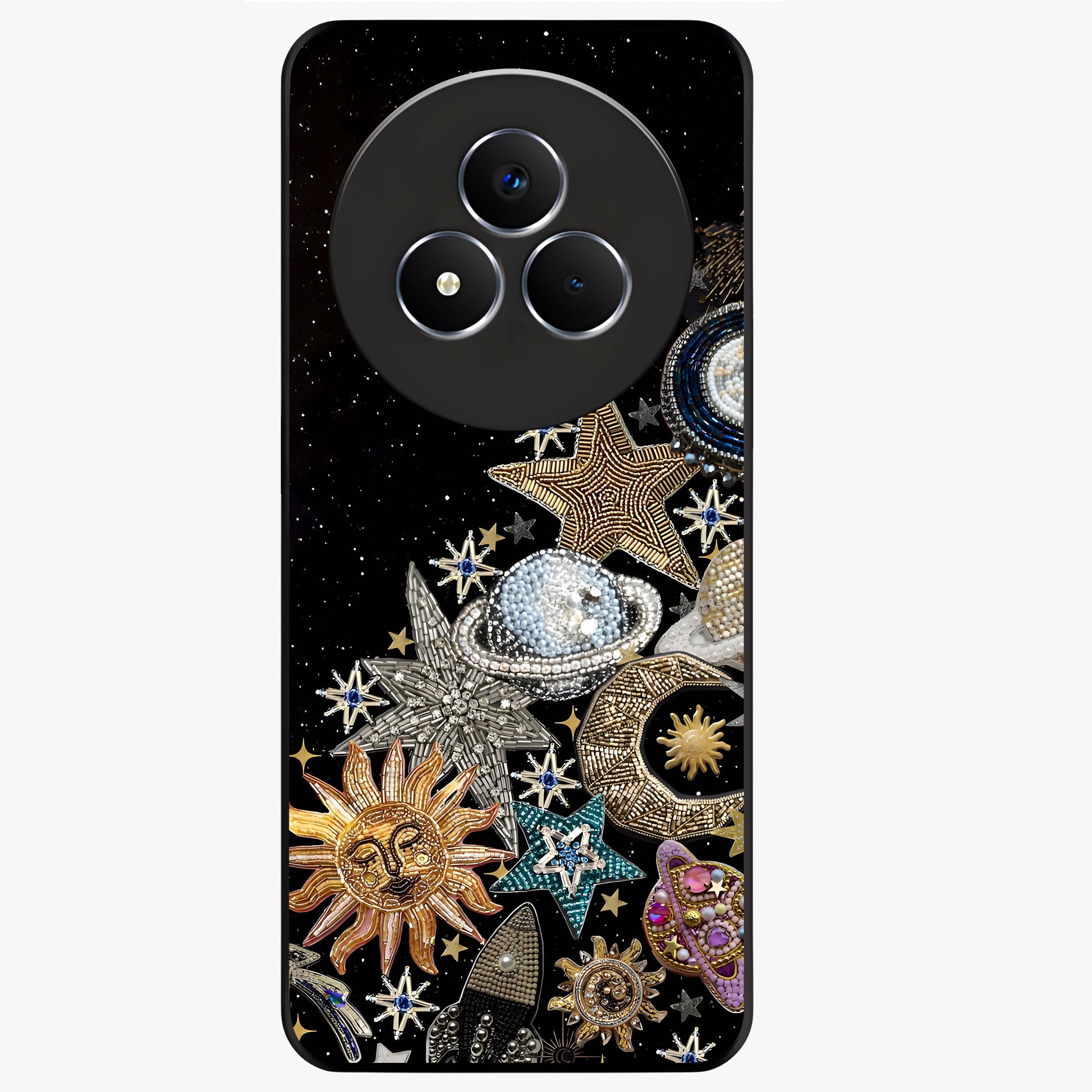 Cosmic Sparkle Dreams Glass Case showing flat back view with sparkling cosmic artwork and glossy glass finish.