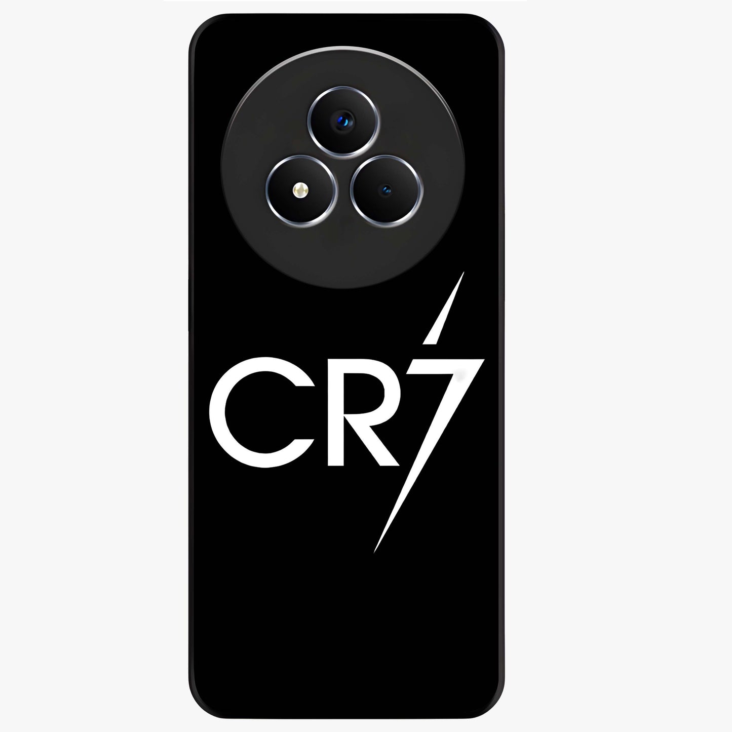 Cr7 Elite Strike Glass Case showing flat back view with dynamic football inspired artwork and glossy glass finish.