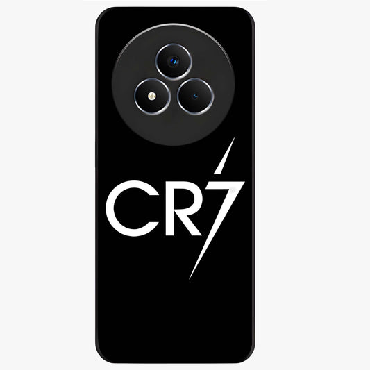 Cr7 Elite Strike Glass Case showing flat back view with dynamic football inspired artwork and glossy glass finish.