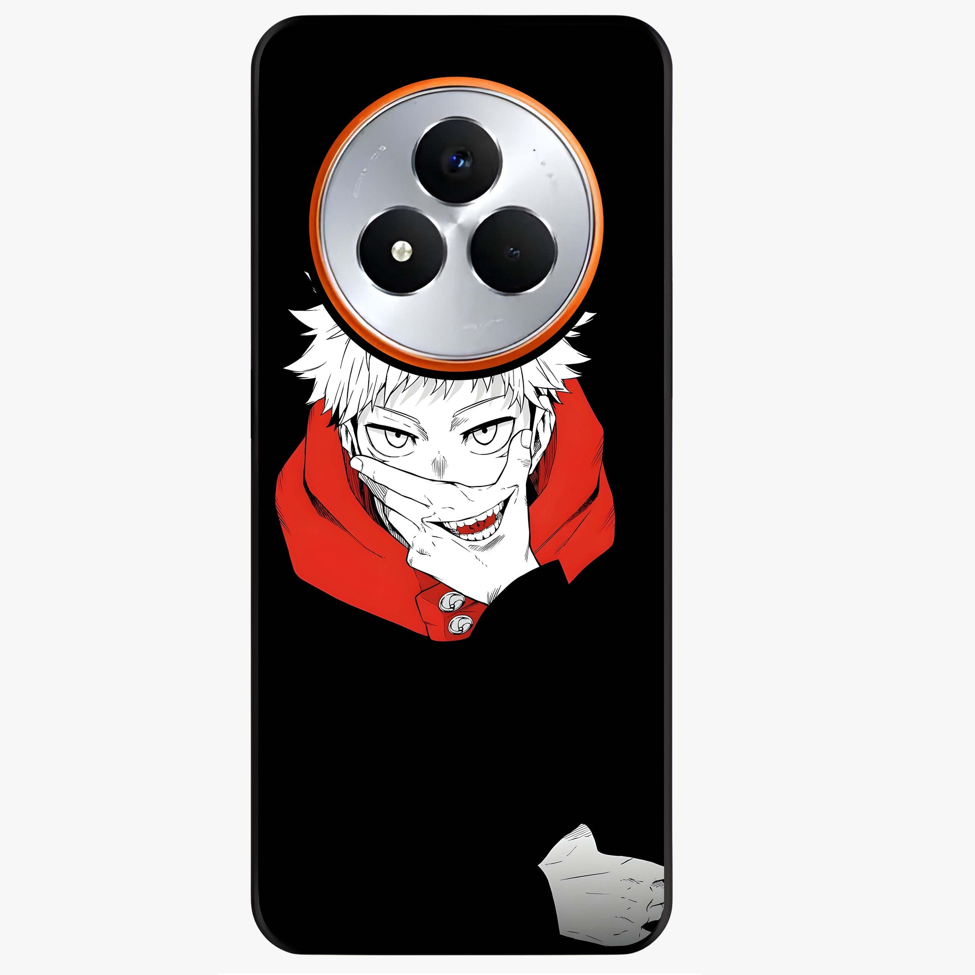Crimson Chaos Smile Glass Case showing flat back view with bold chaotic smile artwork and glossy glass finish.
