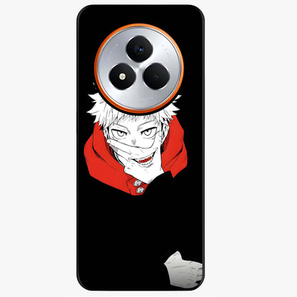 Crimson Chaos Smile Glass Case showing flat back view with bold chaotic smile artwork and glossy glass finish.