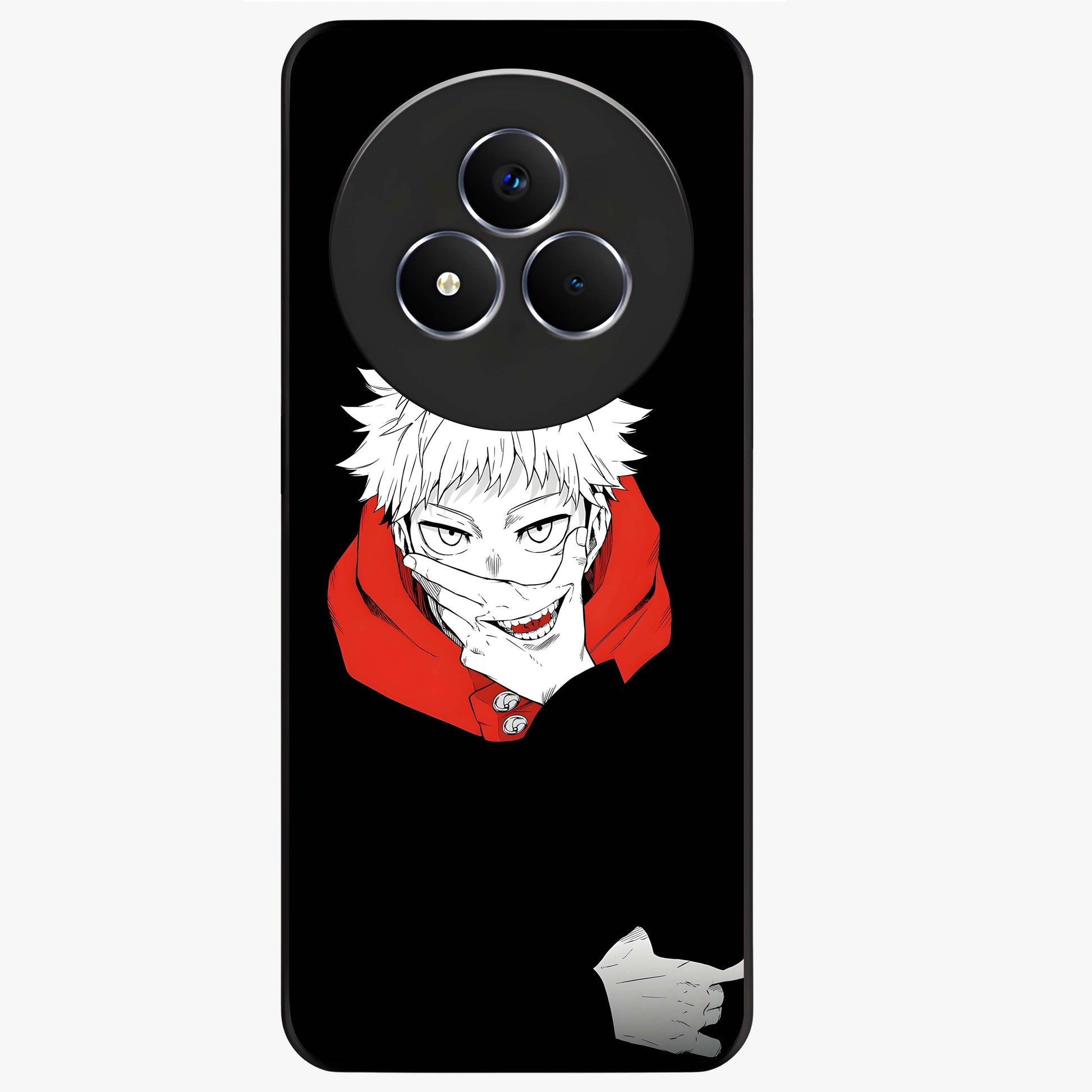 Crimson Chaos Smile Glass Case showing flat back view with bold chaotic smile artwork and glossy glass finish.